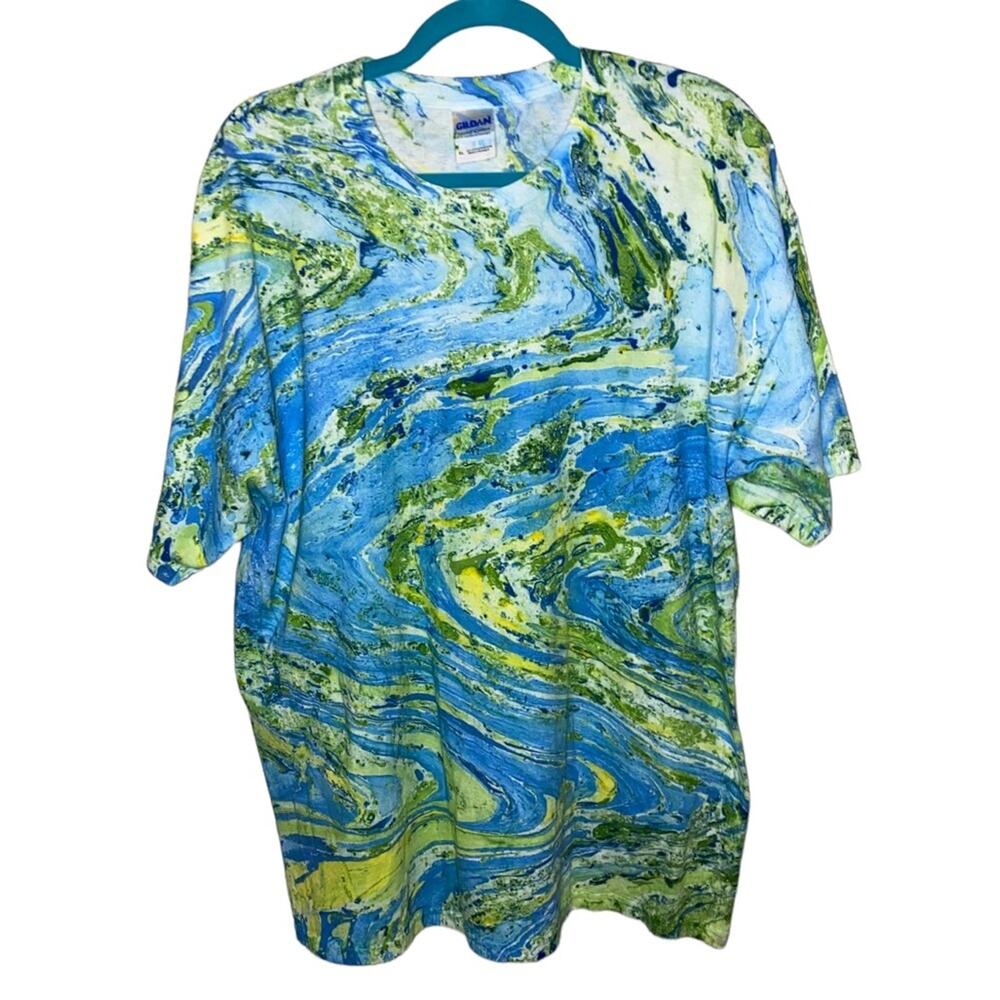 Gildan Blue Green Marble Tie Dye Graphic Style T‎ Shirt XL
